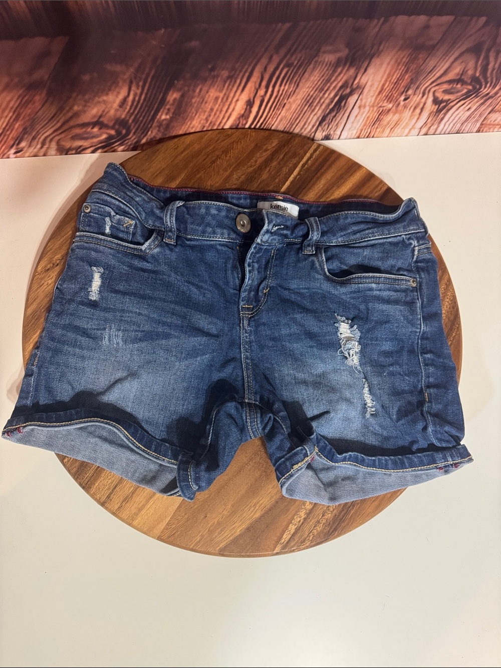 Kensie Medium Blue Distressed Rolled-Hem Denim Shorts